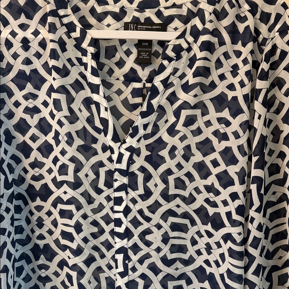INC International Concepts Navy and White Patterned Blouse